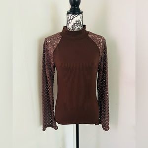 Earthbound Women’s Brown Mock Neck Raglan Crochet Long Bell Sleeve Ribbed Top